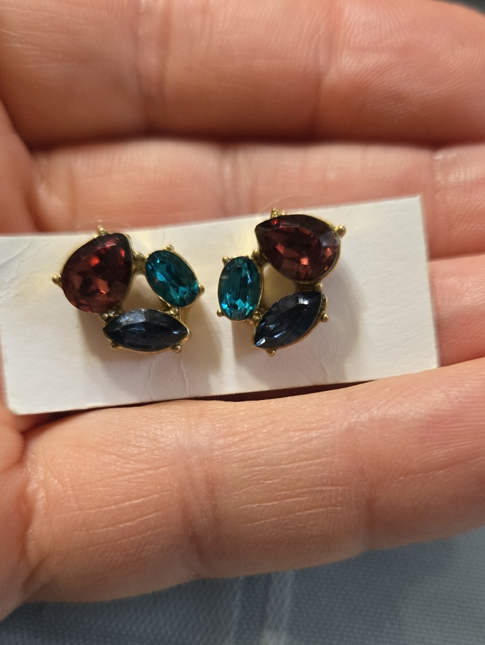 J. Crew Gold-Tone Multi-Stone Teardrop & Marquise Earrings - Blue, Teal & Garnet